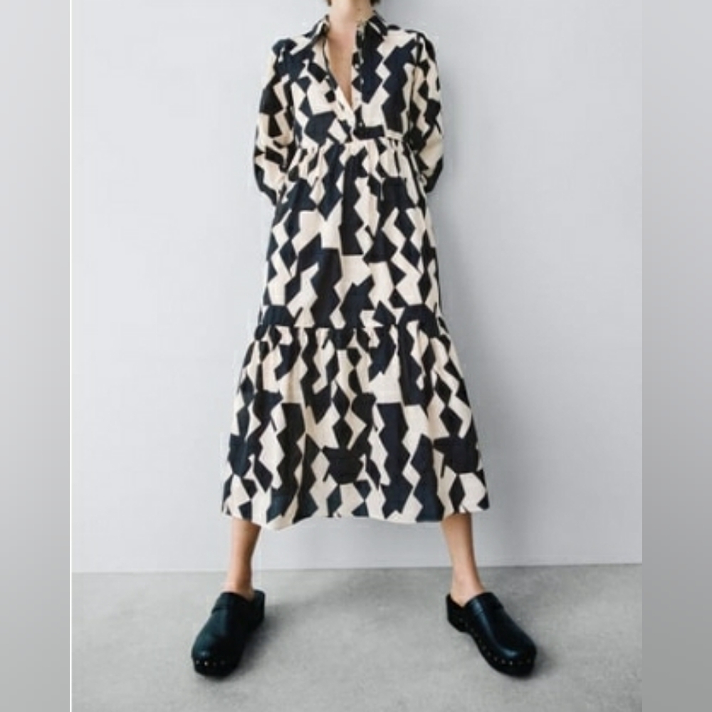 Zara Printed Midi Dress, Black, Cream, XL
